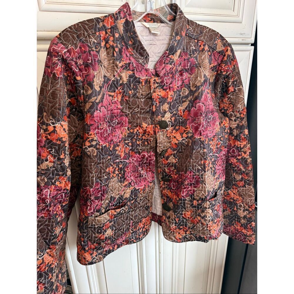 Christopher & Banks Women's Quilted Fall Floral Leaf Jacket Brown Red Size Small